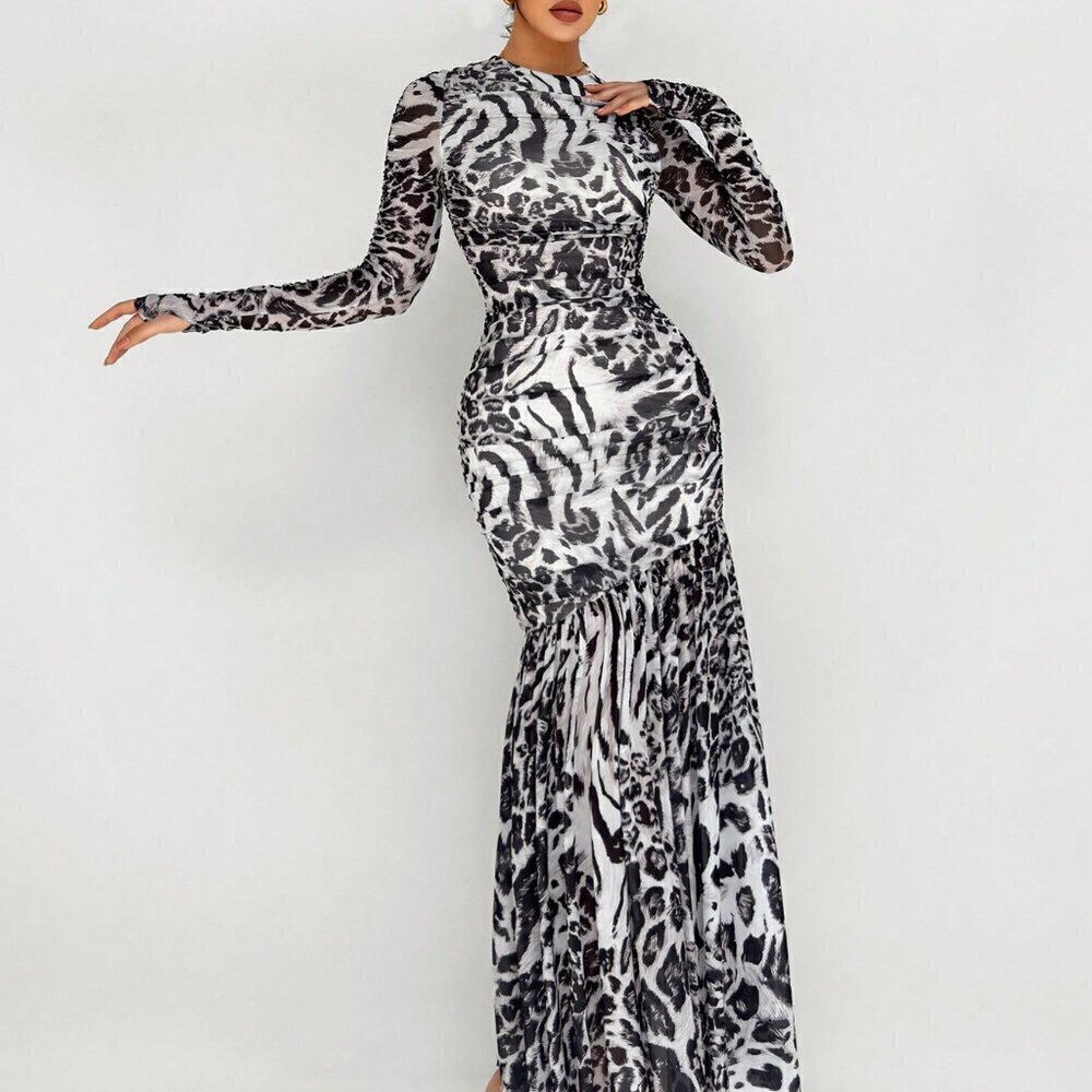 Grey Elegant Women's Mesh Leopard And Zebra Print Asymmetrical Hem Long Dress